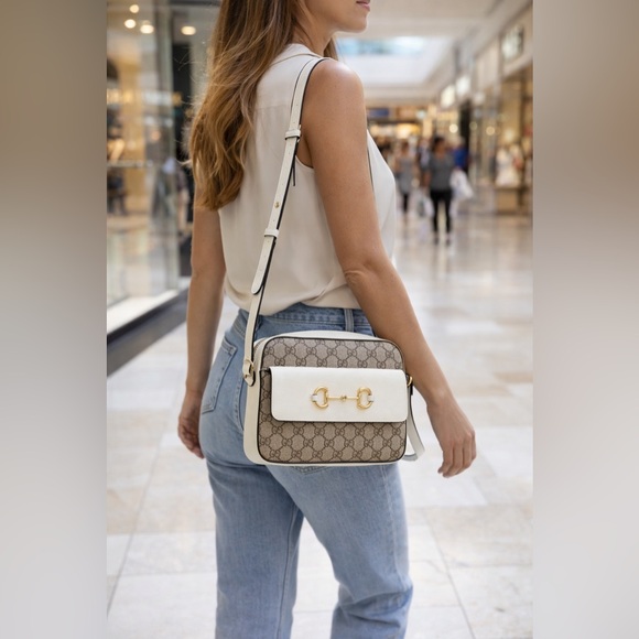Gucci Handbags - GUCCI Horsebit 1955 Ivory Brown Ebony GG Supreme Leather Crossbody Shoulder Bag